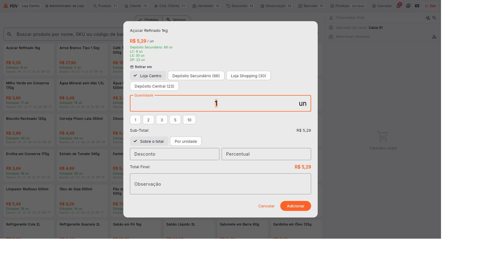 Janela de adicionar produto, com quantidade, seleção de depósito e desconto por item