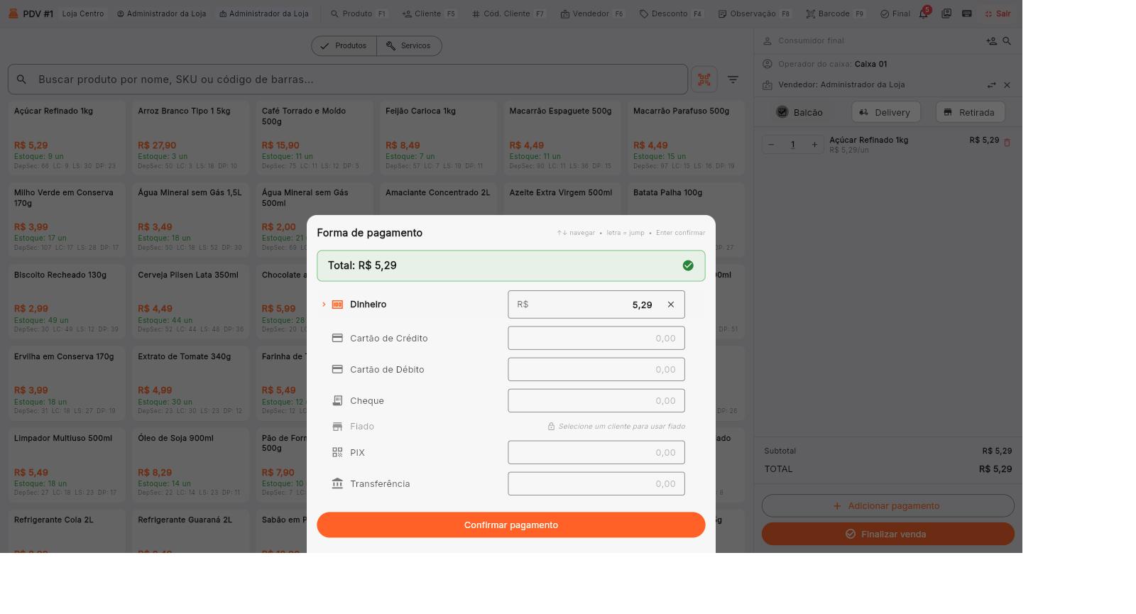 Janela de forma de pagamento com total e as opções dinheiro, cartão, cheque, fiado, PIX e transferência